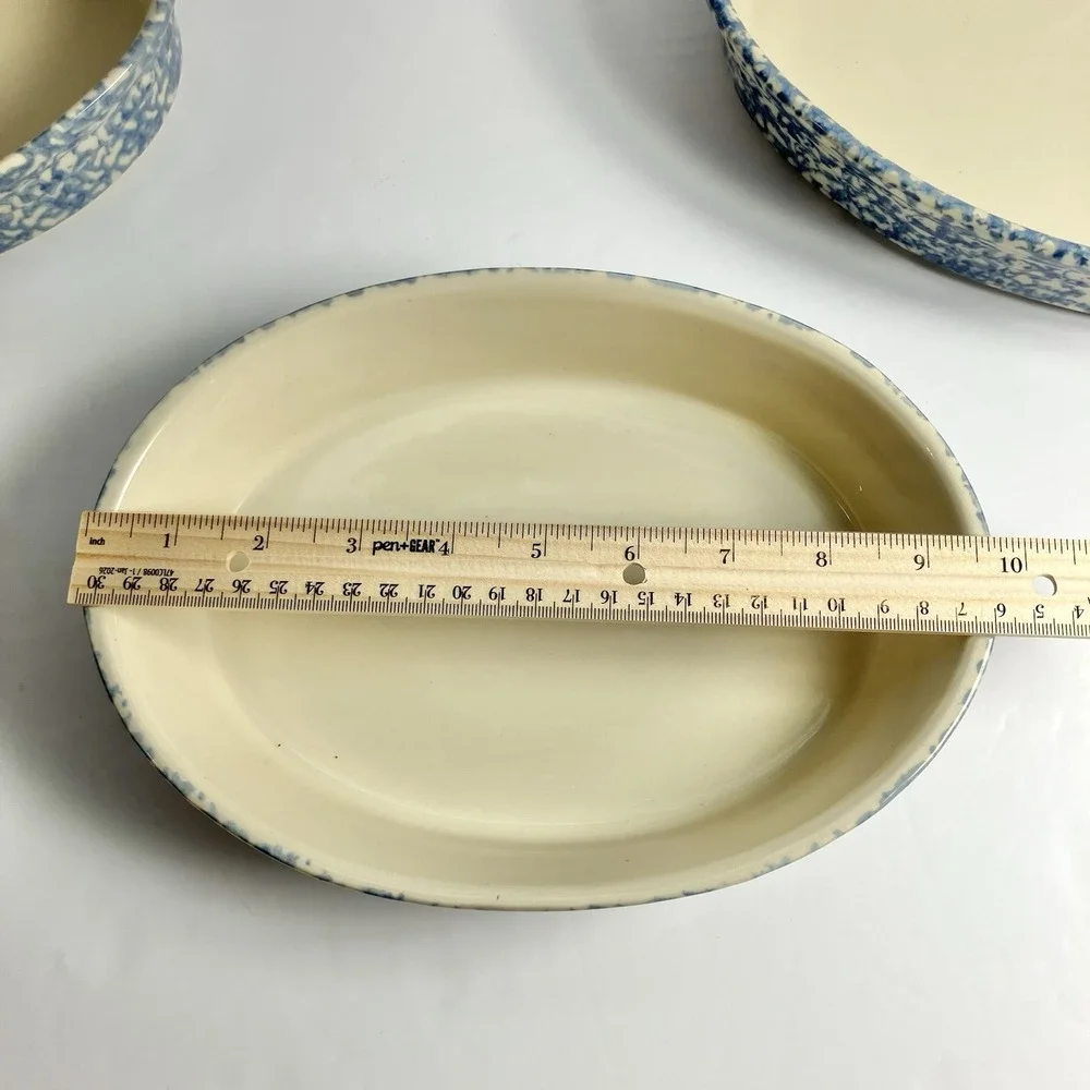Workshops of Gerald Henn Blue Spongeware. Oval Baker set 7 1/2, 9 1/2